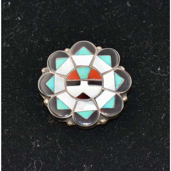 Native American Zuni Silver Turquoise Coral Onyx Mosaic Sunface Broach/Pendant